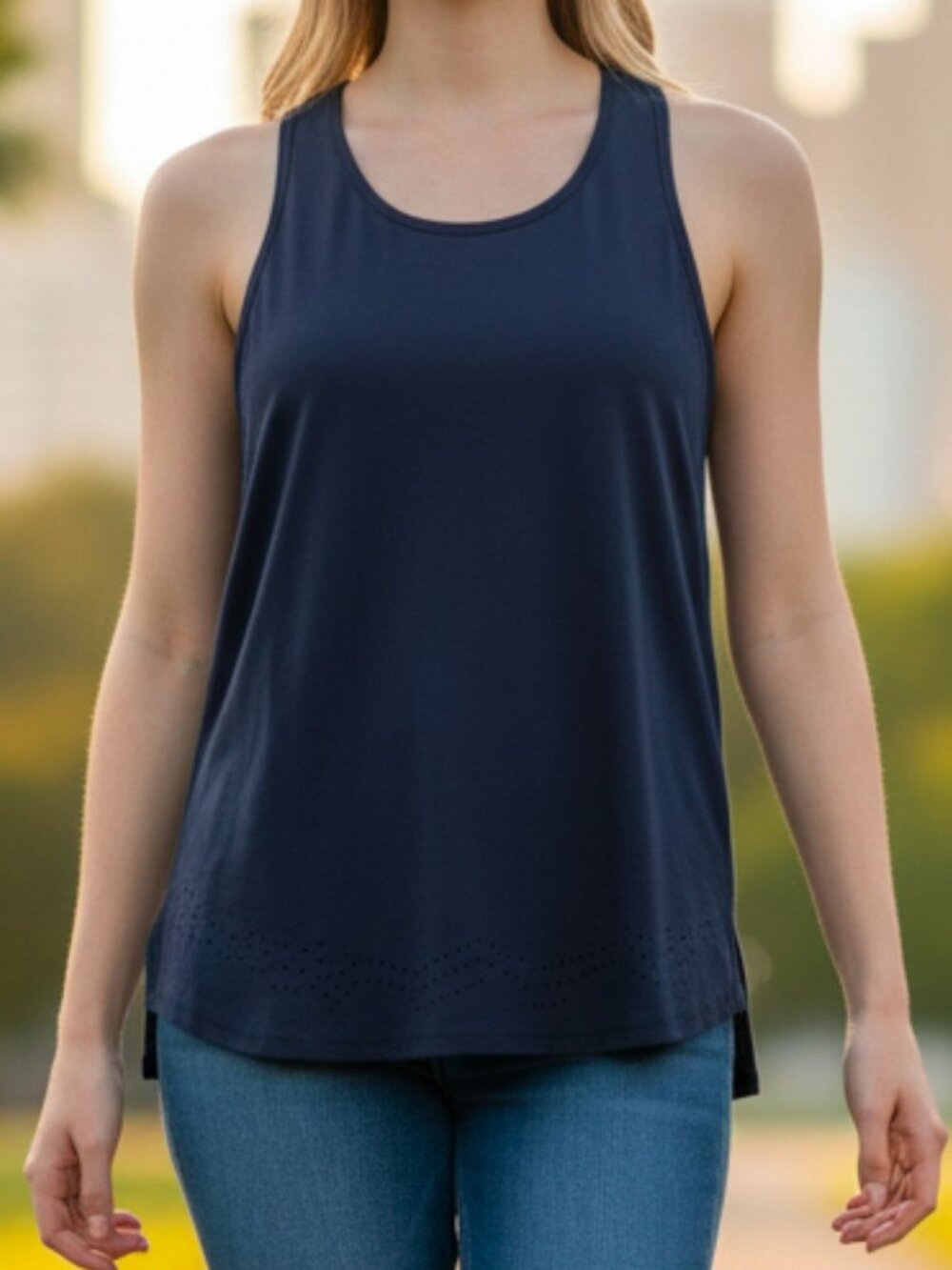 Sleeveless Navy Blue Racerback Tank Top With Laser-Cut Hem Detail Lightweight &